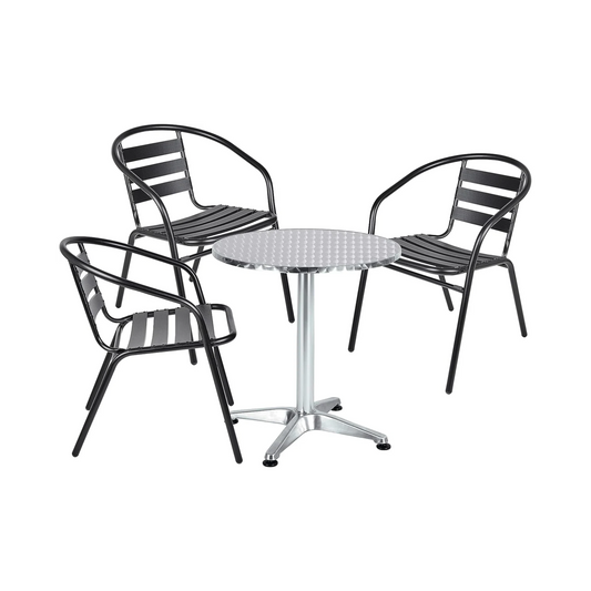 BTExpert 27.5" Round Stainless Steel Table + 3 Black Slat Chairs, Indoor Outdoor Commercial Lightweight