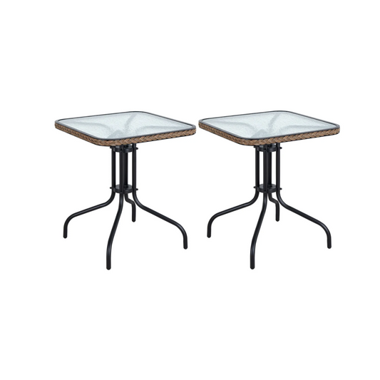 BTExpert Indoor Outdoor 28" Square Tempered Glass Metal Restaurant Table Brown Rattan Trim - Set of 2