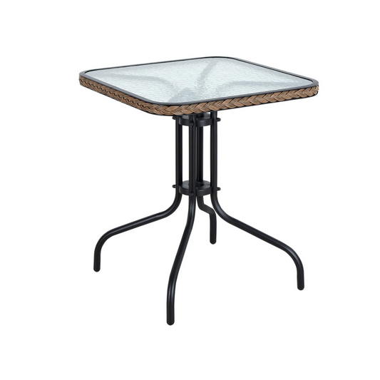 BTExpert Indoor Outdoor 28" Square Tempered Glass Metal Restaurant Table Brown Rattan Trim