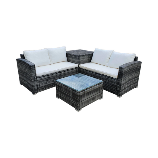 BTExpert 4-Piece Outdoor Sectional Sofa Set, Rattan Patio Storage Table & Cushions, Poolside Wicker Furniture, Summer Cream