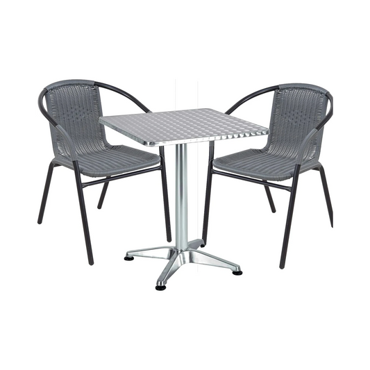 BTExpert 27.5" Square Restaurant Table Stainless Steel with 2 Gray Rattan Stack Chairs, Indoor Outdoor Commercial Lightweight