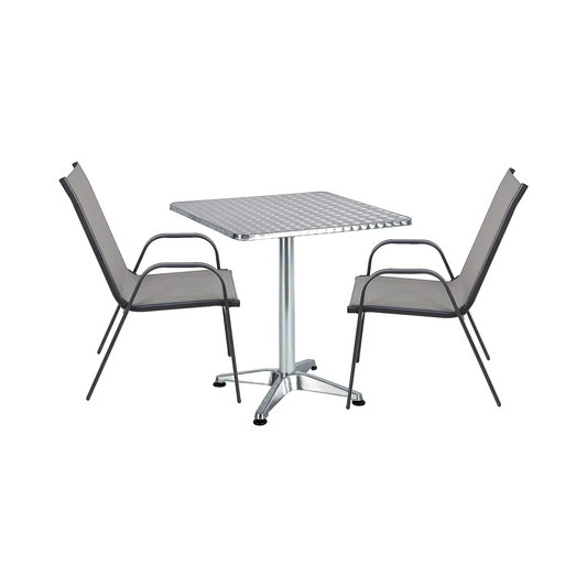 BTExpert 27.5" Square Restaurant Table Stainless Steel with 2 Gray Sling Stack Chairs, Indoor Outdoor Commercial Lightweight