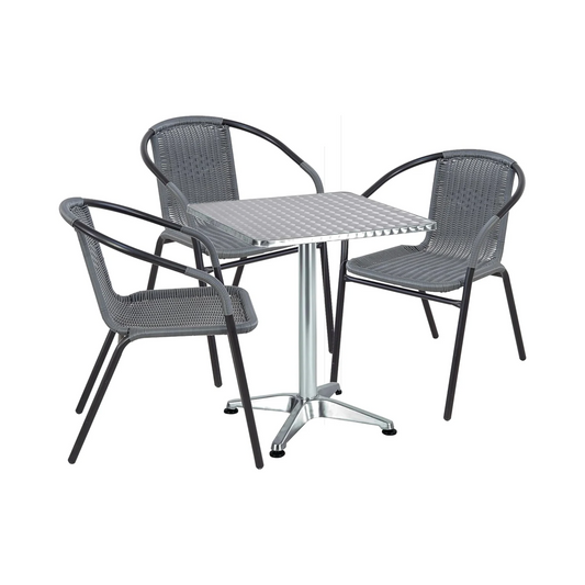 BTExpert 27.5" Square Restaurant Table Stainless Steel with 3 Gray Rattan Stack Chairs, Indoor Outdoor Commercial Lightweight