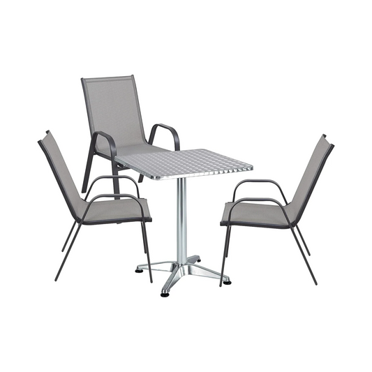 BTExpert 27.5" Square Restaurant Table Stainless Steel with 3 Gray Sling Stack Chairs, Indoor Outdoor Commercial Set, Lightweight