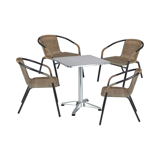 BTExpert 27.5" Square Restaurant Table Stainless Steel with 4 Brown Commercial Chairs, Indoor Outdoor