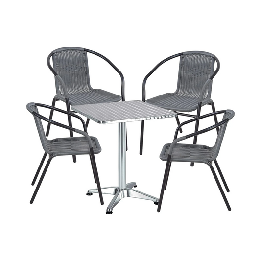 BTExpert 27.5" Square Restaurant Table Stainless Steel with 4 Gray Rattan Stack Chairs, Indoor Outdoor Commercial Lightweight