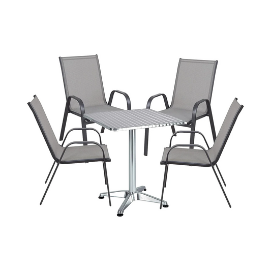 BTExpert 27.5" Square Restaurant Table Stainless Steel with 4 Gray Sling Stack Chairs, Indoor Outdoor Commercial Set, Lightweight