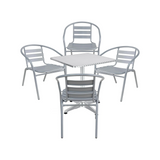 BTExpert 27.5" Square Restaurant Table Stainless Steel with 4 Silver Gray Slat Stack Chairs, Indoor Outdoor Commercial