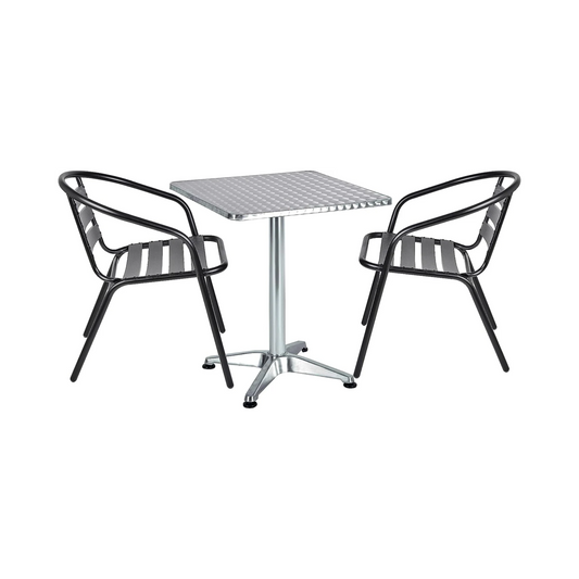 BTExpert 27.5" Square Stainless Steel Table + 2 Black Slat Chairs, Indoor Outdoor Commercial Lightweight
