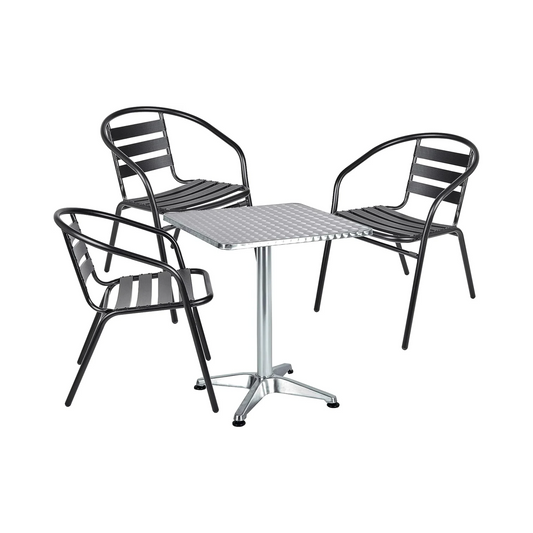 BTExpert 27.5" Square Stainless Steel Table + 3 Black Slat Chairs, Indoor Outdoor Commercial Lightweight