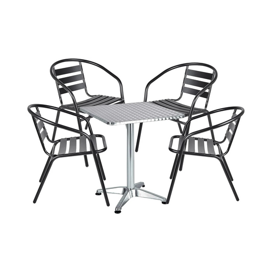 BTExpert 27.5" Square Stainless Steel Table + 4 Black Slat Chairs, Indoor Outdoor Commercial Lightweight