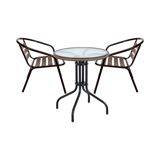 BTExpert 28" Round Glass Metal Table Brown Rattan Trim with 2 Bronze Slat Stack Chairs, Indoor Outdoor Lightweight