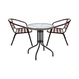 BTExpert 28" Round Glass Metal Table Brown Rattan Trim with 2 Bronze Slat Stack Chairs, Indoor Outdoor Lightweight
