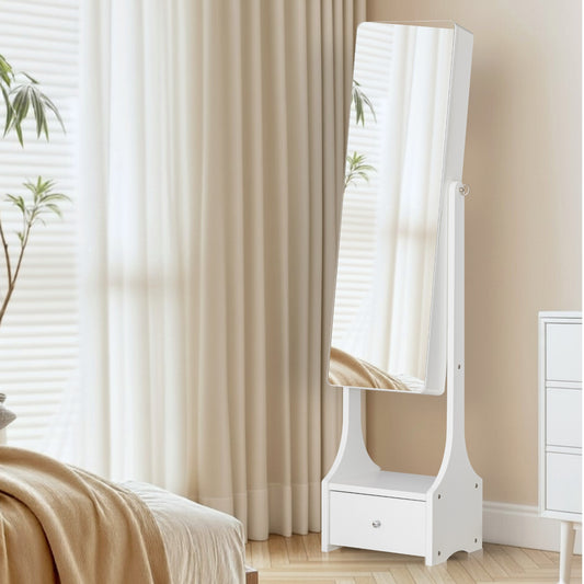 BTEXPERT Mirror Jewelry Cabinet Standing, Large Storage Jewelry Armoire, Full-Length Frameless Mirror with Jewelry Storage, 12 LED Lockable Standing Jewelry Organizer White