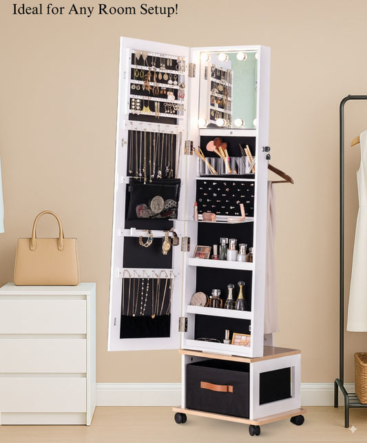 BTEXPERT 360 Swivel Jewelry Cabinet Armoire, Standing with Lights, Lockable Jewelry Organizer, 63" Rotating Full Length Frameless Mirror with Storage, 4 Wheels, White Lock Key