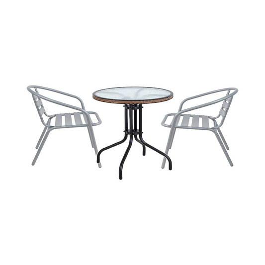 BTExpert 28" Round Glass Metal Table Brown Rattan Trim with 2 Silver Gray Slat Stack Chairs, Indoor Outdoor Lightweight
