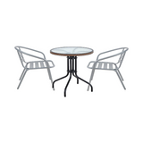 BTExpert 28" Round Glass Metal Table Brown Rattan Trim with 2 Silver Gray Slat Stack Chairs, Indoor Outdoor Lightweight