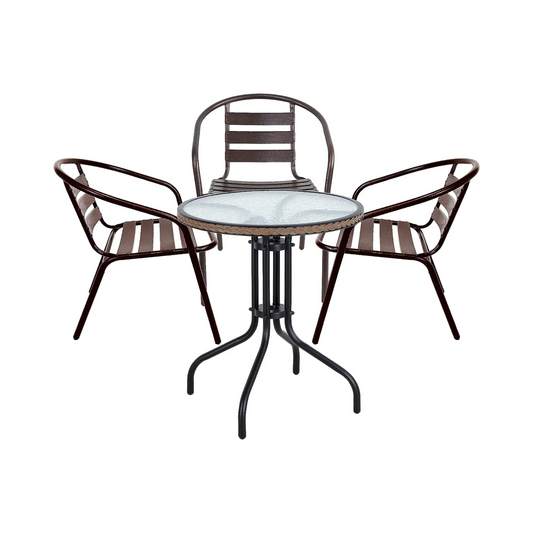 BTExpert 28" Round Glass Metal Table Brown Rattan Trim with 3 Bronze Slat Stack Chairs, Indoor Outdoor Lightweight