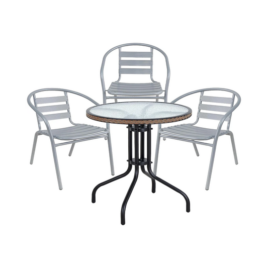 BTExpert 28" Square Glass Metal Table Brown Rattan Trim with 4 Silver Gray Slat Stack Chairs, Indoor Outdoor Lightweight