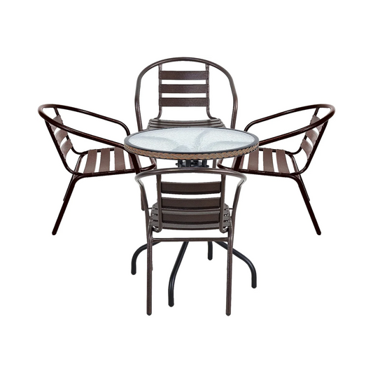 BTExpert 28" Round Glass Metal Table Brown Rattan Trim with 4 Bronze Slat Stack Chairs, Indoor Outdoor Lightweight