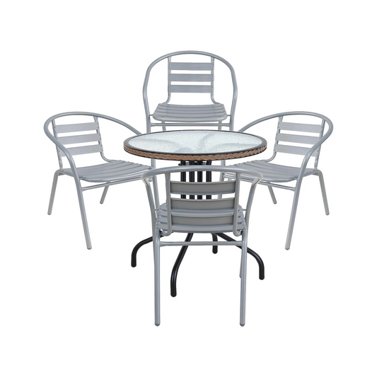 BTExpert 28" Round Glass Metal Table Brown Rattan Trim with 4 Silver Gray Slat Stack Chairs, Indoor Outdoor Lightweight