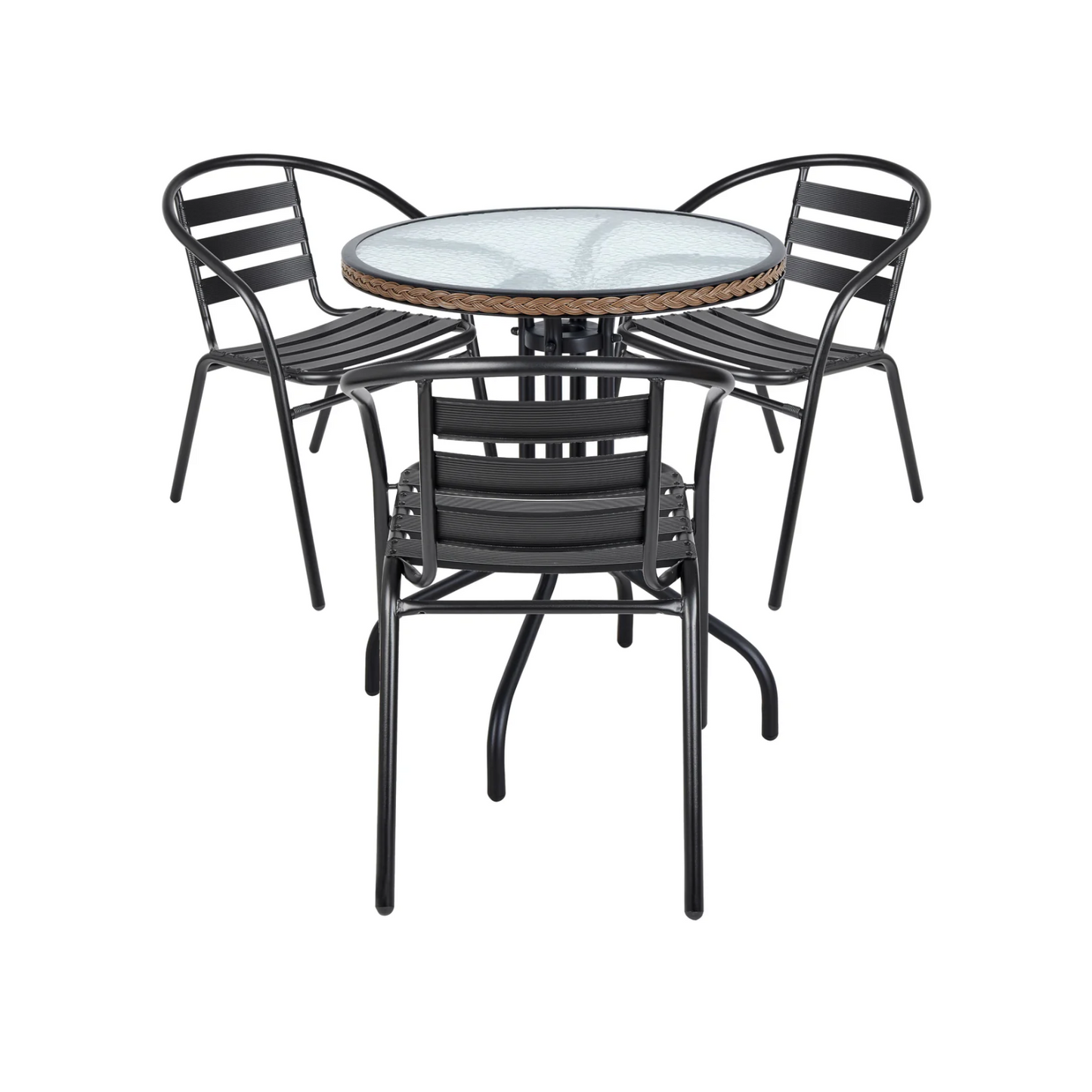 BTExpert 28" Round Glass Table w/ Brown Rattan Trim + 3 Black Metal Slat Chairs, Indoor Outdoor Lightweight