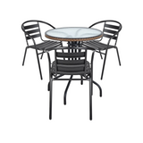 BTExpert 28" Round Glass Table w/ Brown Rattan Trim + 3 Black Metal Slat Chairs, Indoor Outdoor Lightweight