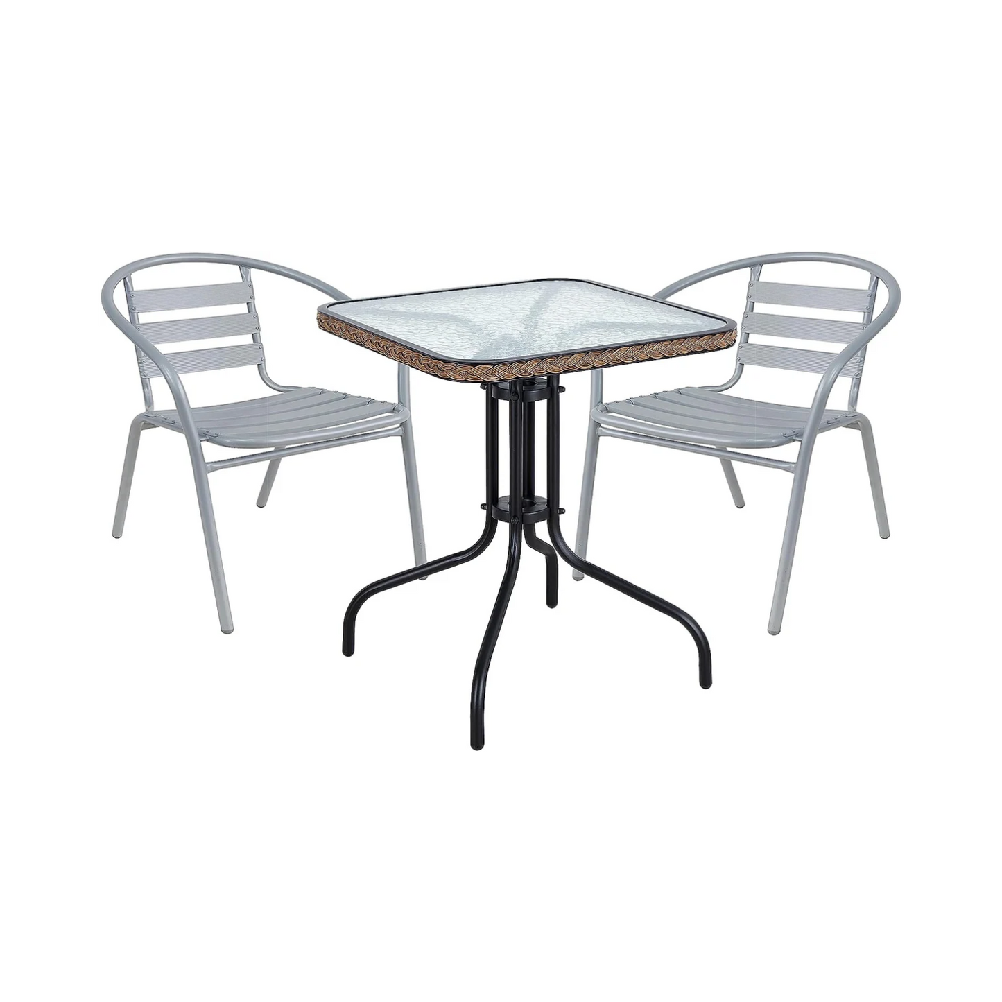 BTExpert 28" Square Glass Metal Table Brown Rattan Trim with 2 Silver Gray Slat Stack Chairs, Indoor Outdoor Lightweight