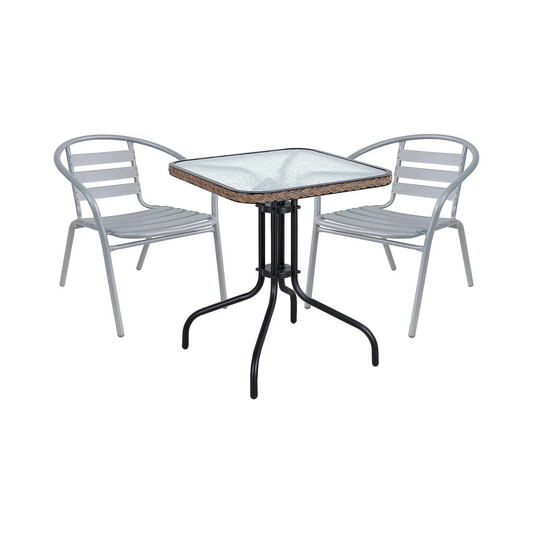 BTExpert 28" Square Glass Metal Table Brown Rattan Trim with 2 Silver Gray Slat Stack Chairs, Indoor Outdoor Lightweight
