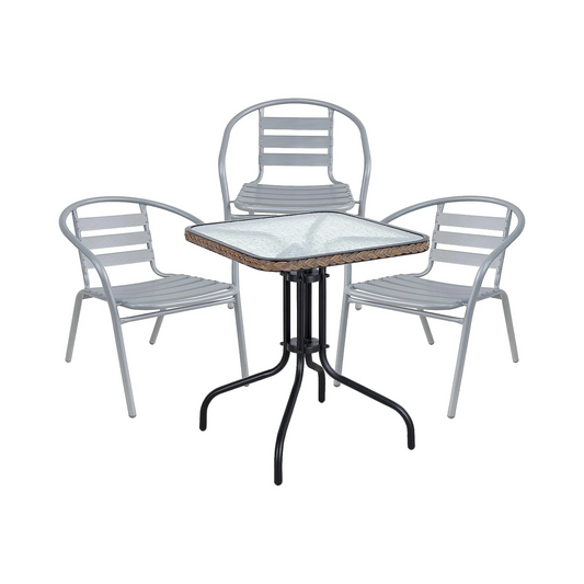 BTExpert 28" Square Glass Metal Table Brown Rattan Trim with 3 Silver Gray Slat Stack Chairs, Indoor Outdoor Lightweight