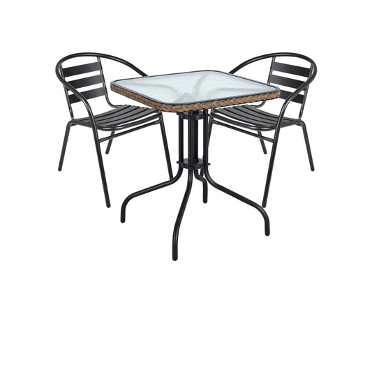 BTExpert 28" Square Glass Table w/ Brown Rattan Trim + 2 Black Metal Slat Chairs, Indoor Outdoor Lightweight
