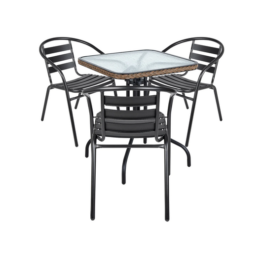 BTExpert 28" Square Glass Table w/ Brown Rattan Trim + 3 Black Metal Slat Chairs, Indoor Outdoor Lightweight
