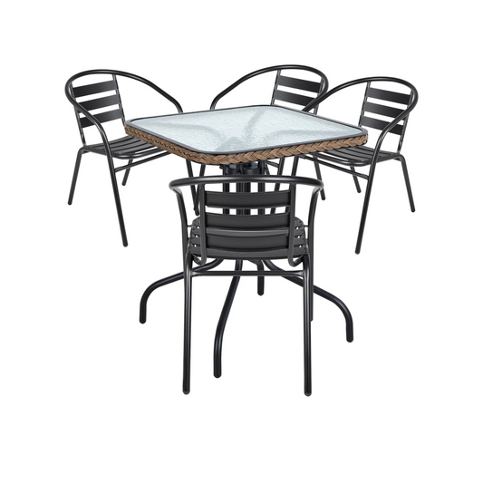 BTExpert 28" Square Glass Table w/ Brown Rattan Trim + 4 Black Metal Slat Chairs, Indoor Outdoor Lightweight