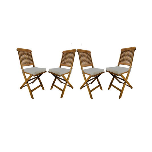 BTExpert 4 Outdoor Folding Chairs, Fully Assembled Acacia Wood, Teak Finish, Beige Cushions for Patio, Garden