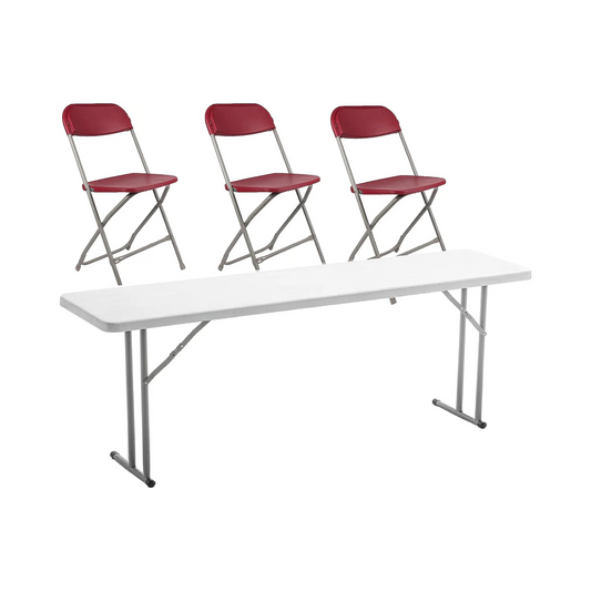 BTExpert 4-Piece Folding Seminar Table Portable and Chair Set, 6' x 18" x 29" Training Table & 3 Red Chairs