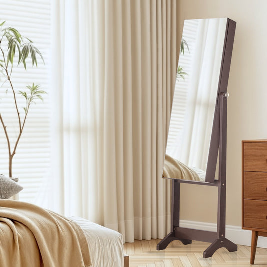 BTEXPERT Large Storage Jewelry Mirror Organizer with Frameless Free Standing Jewelry Cabinet (Brown)