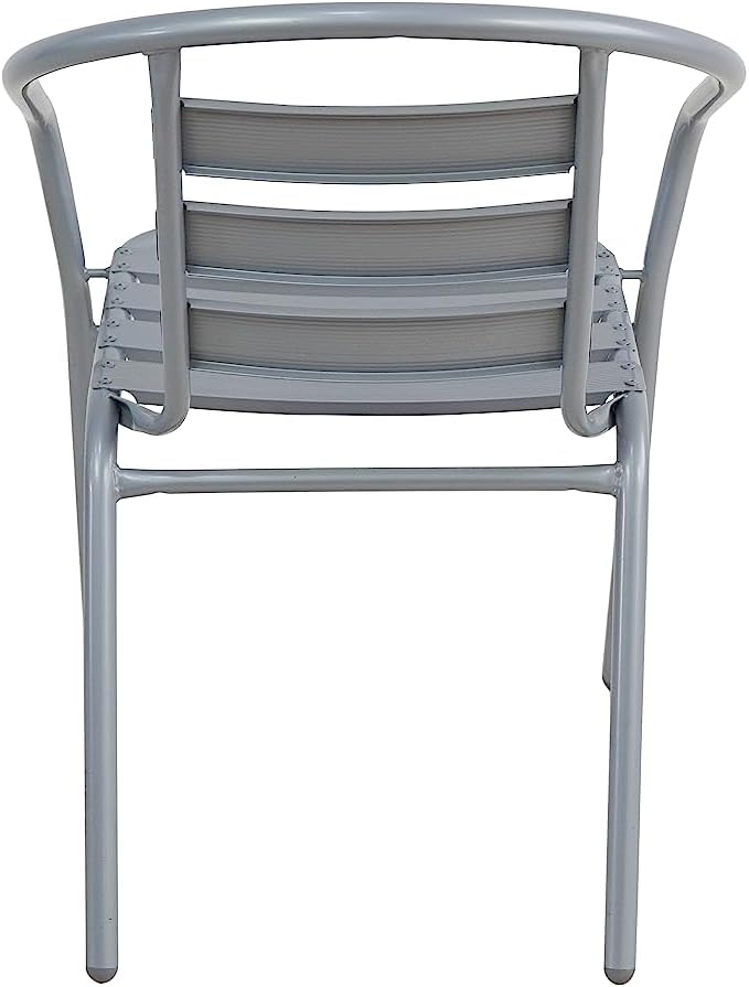 BTExpert 23.75" Square Stainless Steel Table + 4 Silver Gray Slat Chairs, Indoor/Outdoor Commercial