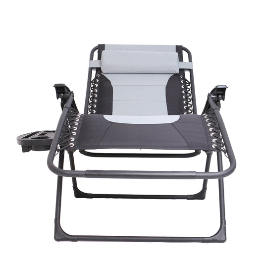 Oversized Padded Zero Gravity Recliner Folding Chaise Lounge, Outdoor Pool, Patio, Yard, XL Anti-Gravity Lounger Side Tray Cup Holder, Headrest Pillow (Grey/Black)