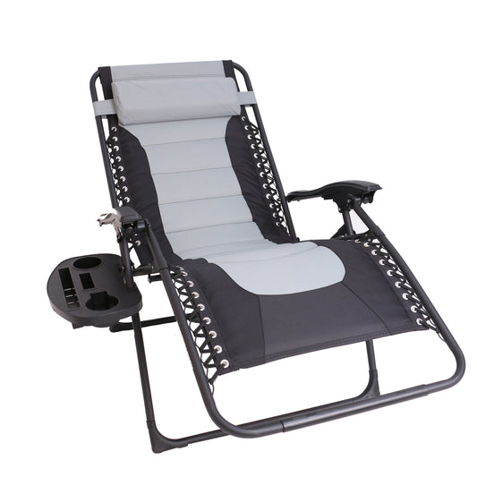 Oversized Padded Zero Gravity Recliner Folding Chaise Lounge, Outdoor Pool, Patio, Yard, XL Anti-Gravity Lounger Side Tray Cup Holder, Headrest Pillow (Grey/Black)