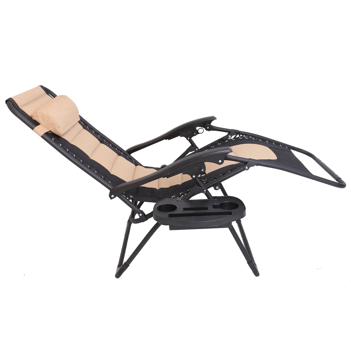 Oversized Padded Zero gravity Chair Recliner Folding Case lounge outdoor pool patio beach yard garden Utility Tray Cup Holder (Tan Black)