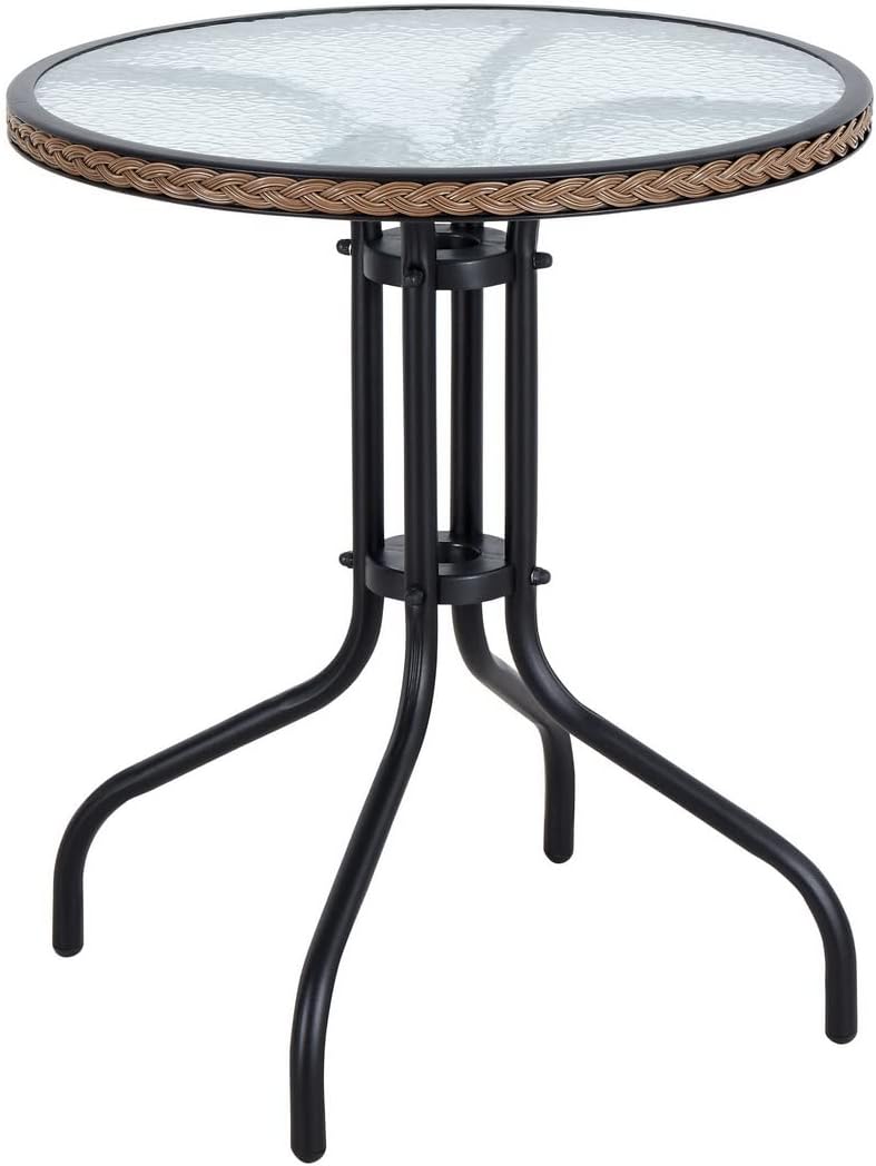 BTExpert 28" Round Glass Metal Table Brown Rattan Trim with 2 Silver Gray Slat Stack Chairs, Indoor Outdoor Lightweight