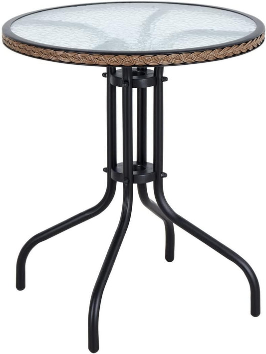 BTExpert 28" Round Glass Metal Table Brown Rattan Trim with 2 Bronze Slat Stack Chairs, Indoor Outdoor Lightweight