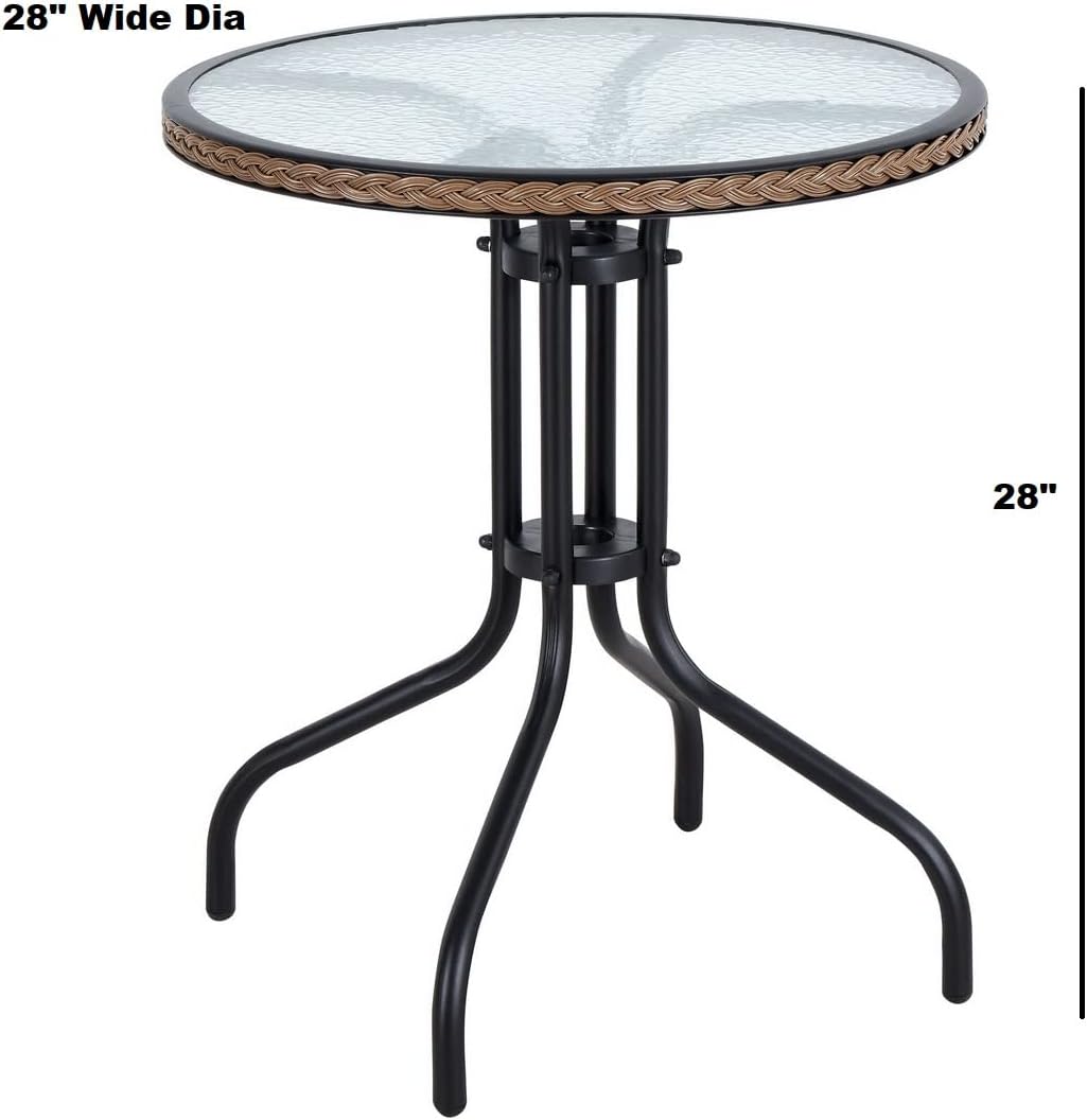 BTExpert 28" Round Glass Metal Table Brown Rattan Trim with 3 Bronze Slat Stack Chairs, Indoor Outdoor Lightweight
