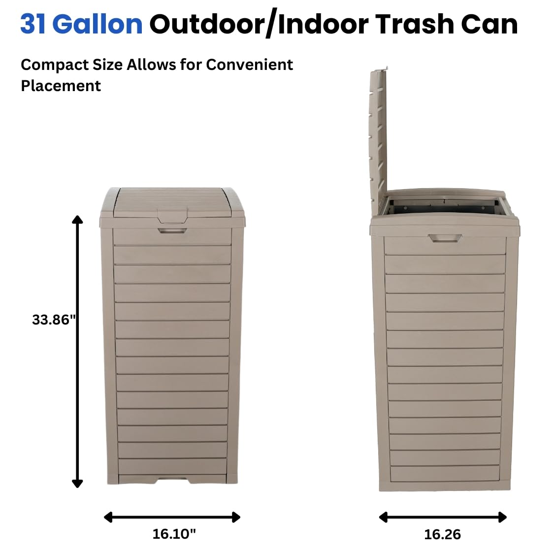 BTExpert 31-Gallon Outdoor Trash Can – Waterproof Resin, Double Lid, Drip Tray, Hidden Bin for Patio, Kitchen, Backyard, Deck, Gray