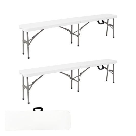 BTExpert 6ft Plastic Folding Bench – Portable Picnic/Dining Seat, UV-Resistant, Steel Frame, Fold-in-Half, Stackable - Set of 2
