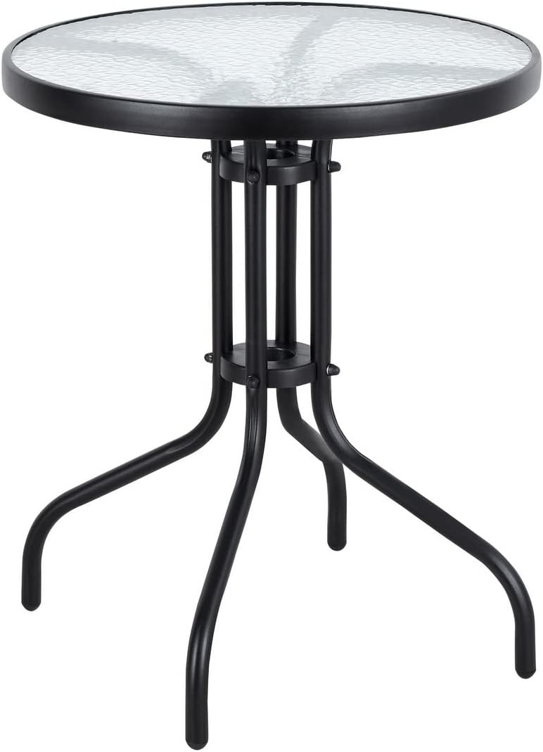 BTExpert 23.75" Round Glass Metal Table Black with 2 Silver Gray Slat Stack Chairs, Indoor Outdoor Lightweight