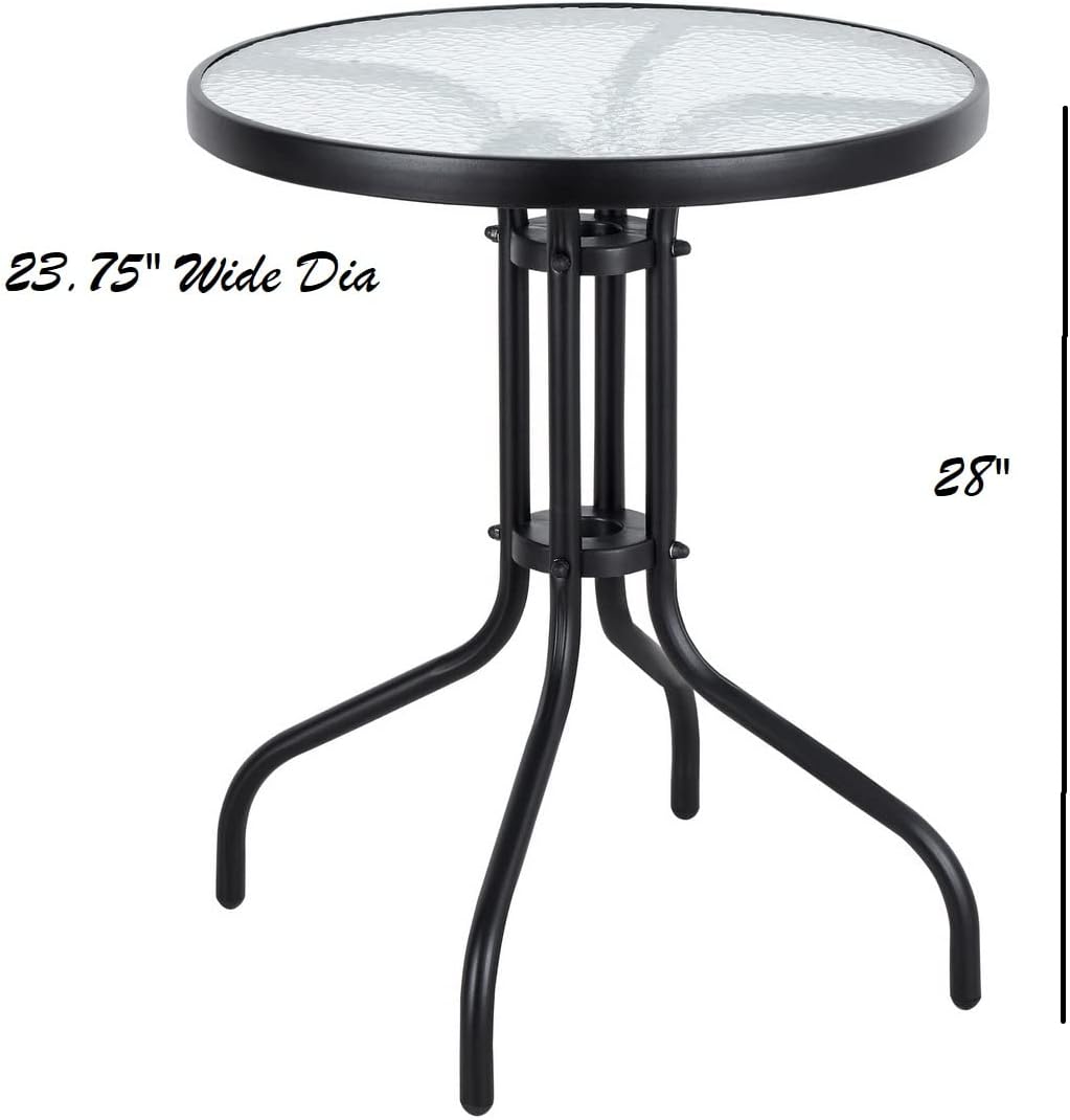 BTExpert 23.75" Round Glass Metal Table Black with 4 Silver Gray Slat Stack Chairs, Indoor Outdoor Commercial