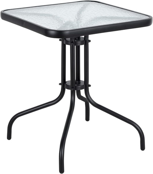 BTExpert 23.75" Square Glass Metal Table Black with 3 Silver Gray Slat Stack Chairs, Indoor Outdoor Lightweight