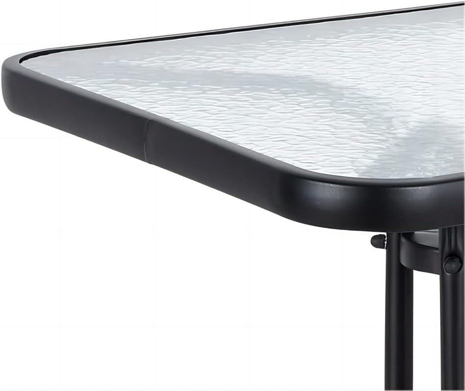 BTExpert 23.75" Square Glass Metal Table Black with 3 Silver Gray Slat Stack Chairs, Indoor Outdoor Lightweight