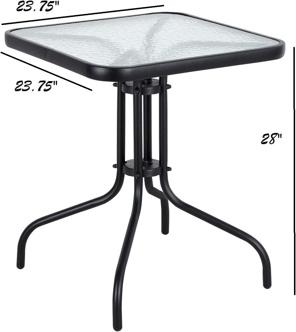 BTExpert 23.75" Square Glass Metal Table Black with 3 Silver Gray Slat Stack Chairs, Indoor Outdoor Lightweight